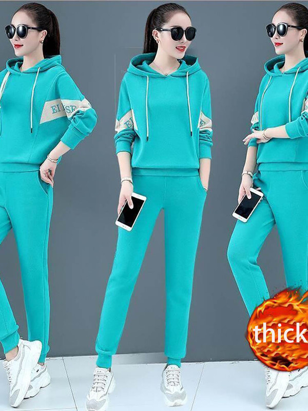 Badypczd Costume sportive pentru femeie, cu glugă, ocazional, cu glugă, pantaloni de jogging, cu picioare largi, coreeane, groase, două piese, ținute de iarnă pentru femei