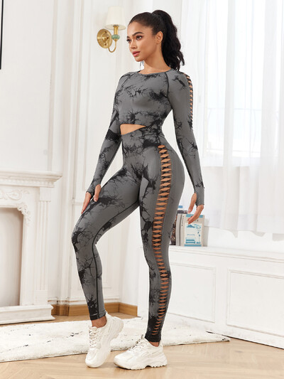 CHRLEISURE Seturi sexy cu talie înaltă pentru femei, 2 bucăți, pantaloni scobiți cu talie înaltă, pantaloni sport pentru alergare, fără sudură