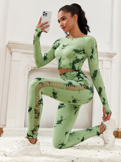 CHRLEISURE Seturi sexy cu talie înaltă pentru femei, 2 bucăți, pantaloni scobiți cu talie înaltă, pantaloni sport pentru alergare, fără sudură