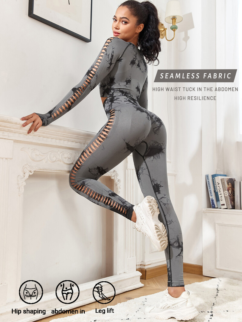 CHRLEISURE Sexy Tie Dye komplektai su aukštu juosmeniu moterims, 2 dalių aukštu juosmeniu, tuščiavidurių kelnių rinkiniai moteriškos besiūlės bėgimo sportinės kelnės