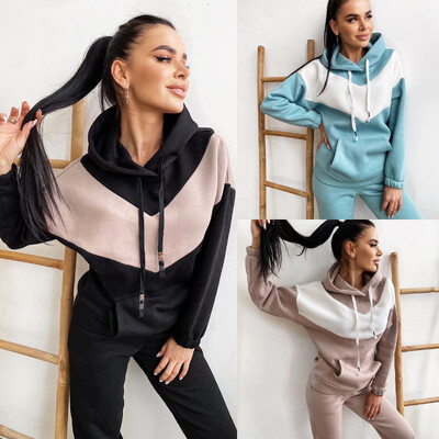 Sügistalvine 2 tk komplekt Naiste spordidressi pikkade varrukatega pullover, soe top kapuuts + jooksjapüksid Solid Outfit spordiülikonna komplektid