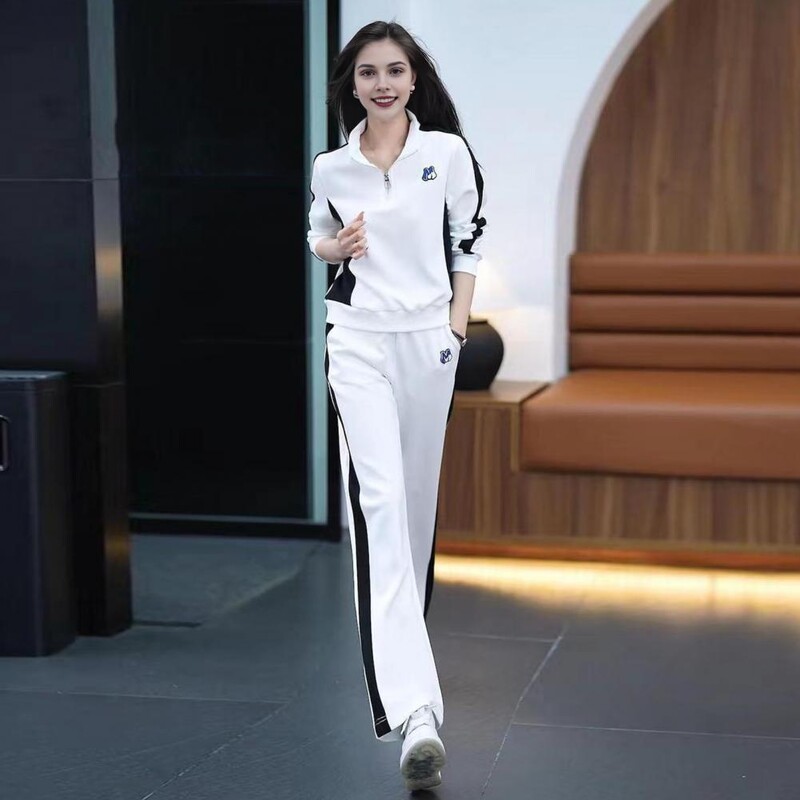 Costum sport pentru femei Set de îmbrăcăminte sport elegant pentru femei, asortat culorile, cu fermoar, guler, pantaloni largi pentru toamnă