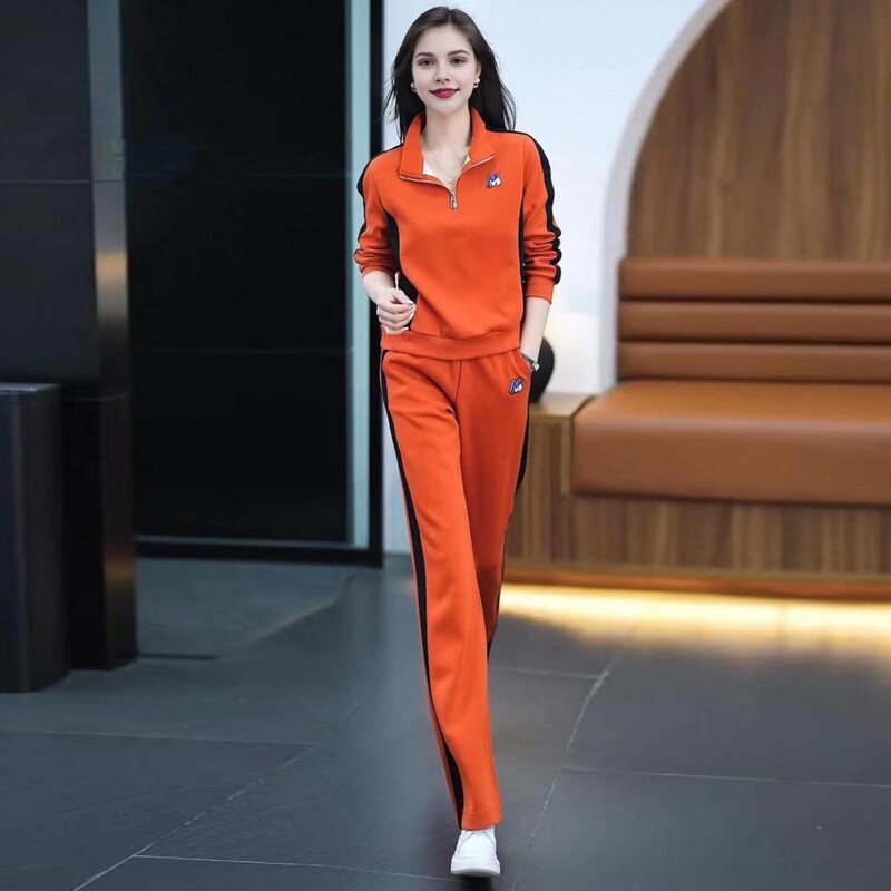 Costum sport pentru femei Set de îmbrăcăminte sport elegant pentru femei, asortat culorile, cu fermoar, guler, pantaloni largi pentru toamnă