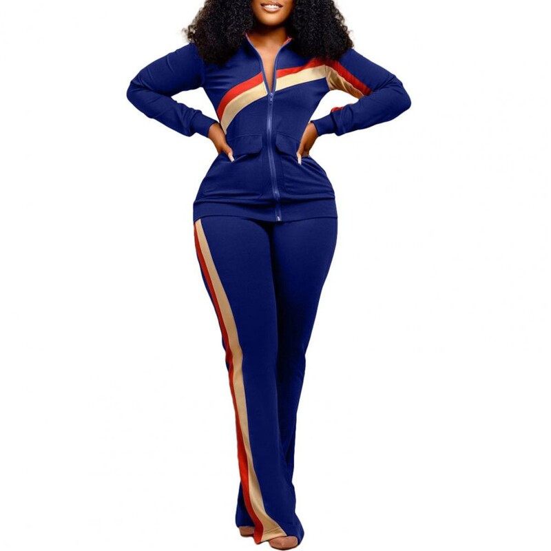 Дамски спортен костюм Стилен дамски раиран палто Панталон Костюм Яке с ревер Панталони с ластик на талията Мек топъл есенно-зимен комплект анцуг