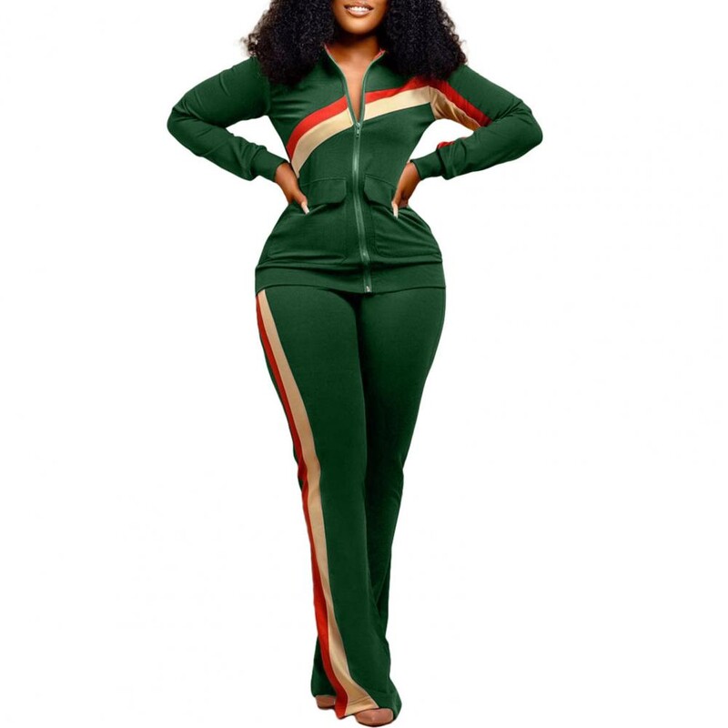 Дамски спортен костюм Стилен дамски раиран палто Панталон Костюм Яке с ревер Панталони с ластик на талията Мек топъл есенно-зимен комплект анцуг