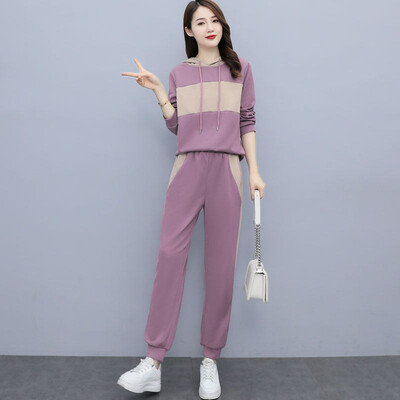 Ziemas divu gabalu komplekti Sieviešu treniņtērps Lielizmēra uzvalks 2021. gada rudens bikškostīmi Sieviešu džemperis Solīds sporta kapuce, sporta apģērbs