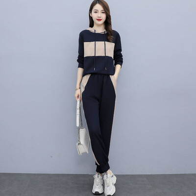 Ziemas divu gabalu komplekti Sieviešu treniņtērps Lielizmēra uzvalks 2021. gada rudens bikškostīmi Sieviešu džemperis Solīds sporta kapuce, sporta apģērbs