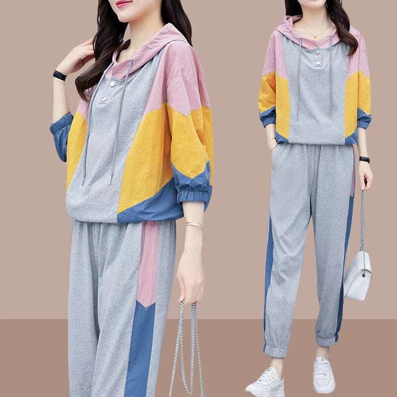 Ziemas divu gabalu komplekti Sieviešu treniņtērps Lielizmēra uzvalks 2021. gada rudens bikškostīmi Sieviešu džemperis Solīds sporta kapuce, sporta apģērbs