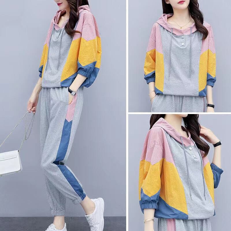 Ziemas divu gabalu komplekti Sieviešu treniņtērps Lielizmēra uzvalks 2021. gada rudens bikškostīmi Sieviešu džemperis Solīds sporta kapuce, sporta apģērbs