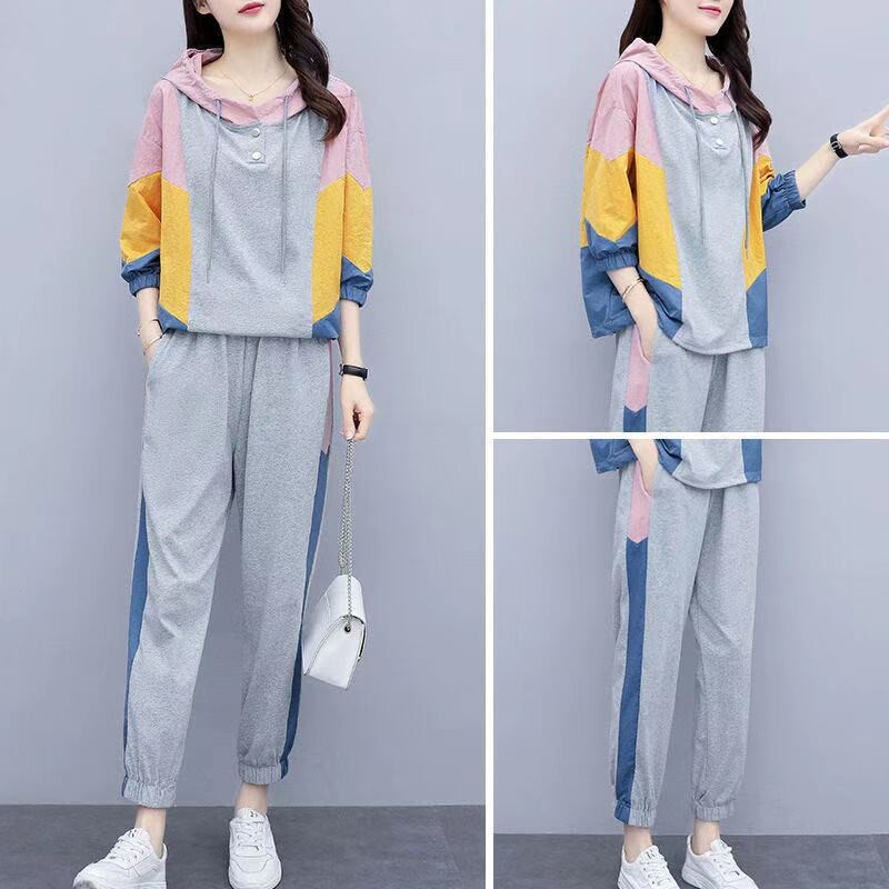 Ziemas divu gabalu komplekti Sieviešu treniņtērps Lielizmēra uzvalks 2021. gada rudens bikškostīmi Sieviešu džemperis Solīds sporta kapuce, sporta apģērbs