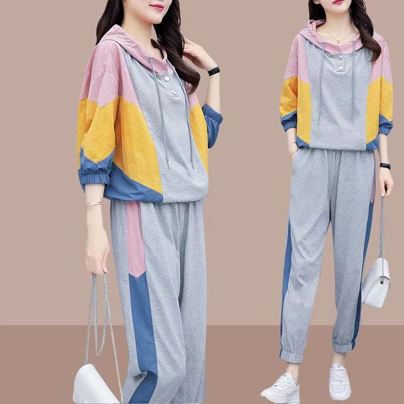 Ziemas divu gabalu komplekti Sieviešu treniņtērps Lielizmēra uzvalks 2021. gada rudens bikškostīmi Sieviešu džemperis Solīds sporta kapuce, sporta apģērbs