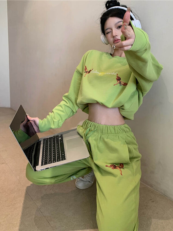 Badypczd sieviešu sporta kostīmi ar apdrukātu kakla izgriezumu, džemperis, kapucis, brīvs, plats, skrējējs, bikses, korejiešu divdaļīgs komplekts, sieviešu ziemas apģērbs