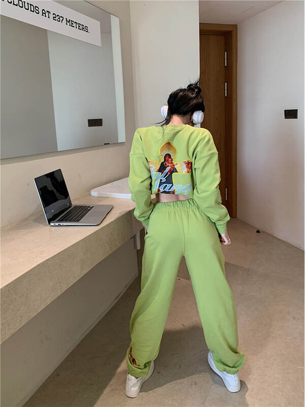 Badypczd sieviešu sporta kostīmi ar apdrukātu kakla izgriezumu, džemperis, kapucis, brīvs, plats, skrējējs, bikses, korejiešu divdaļīgs komplekts, sieviešu ziemas apģērbs