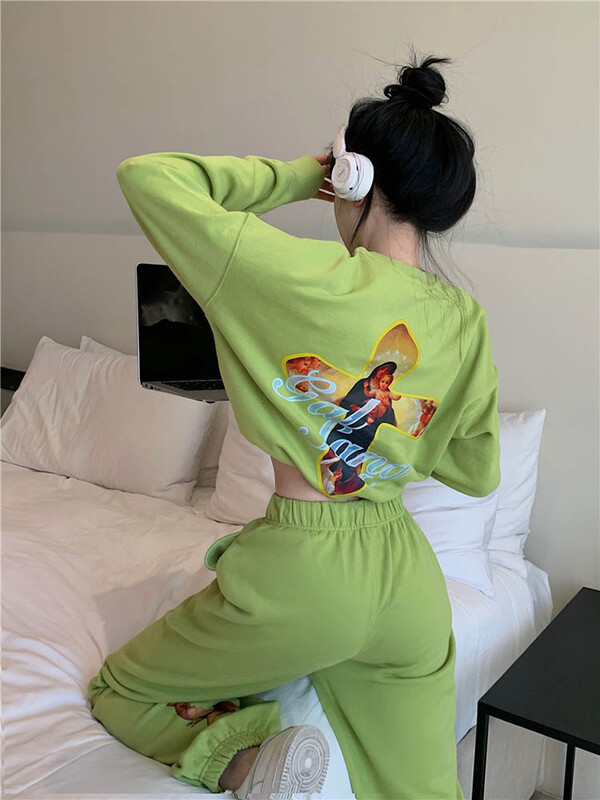 Badypczd sieviešu sporta kostīmi ar apdrukātu kakla izgriezumu, džemperis, kapucis, brīvs, plats, skrējējs, bikses, korejiešu divdaļīgs komplekts, sieviešu ziemas apģērbs