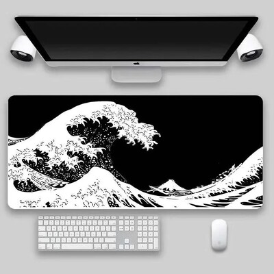 1 buc Tampă de mouse mare Black Sea Wave 700*300mm Tampă de mouse pentru jocuri extinsă Pad de birou cu tastatură cu bază din cauciuc anti-alunecare cusută