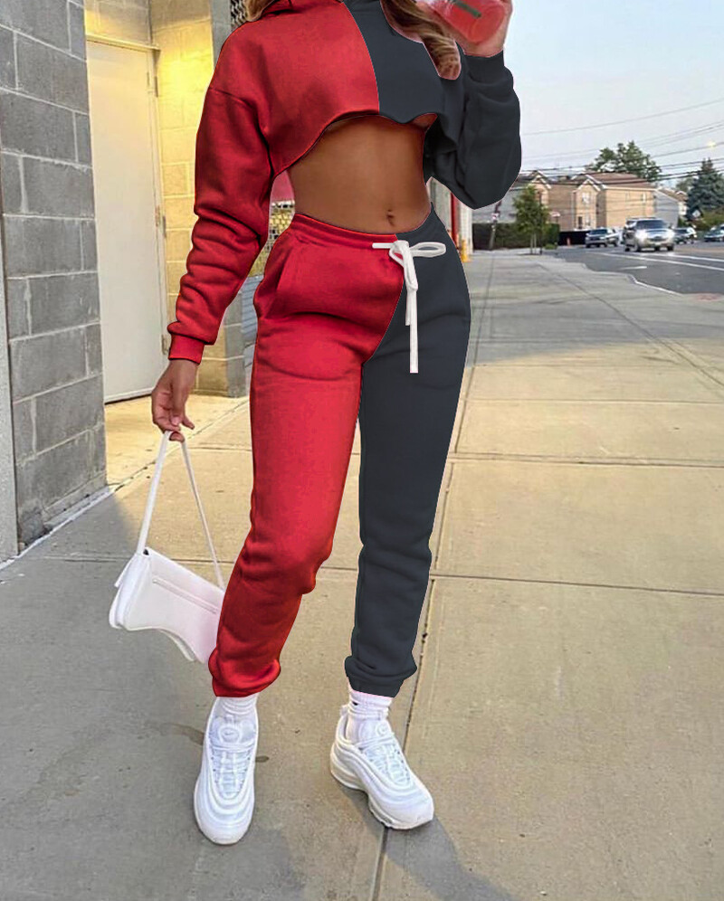 Seturi casual de alergare pentru femei, bloc de culoare, îmbrăcăminte sport, două piese, cu mânecă lungă, trening pentru femei