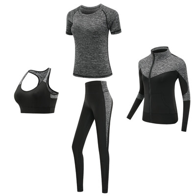 Бързосъхнещи дамски спортни облекла 4PCS комплект фитнес фитнес йога комплекти дрехи костюм палто+сутиен+тениска+клин 2021 тренировка бягане обучение