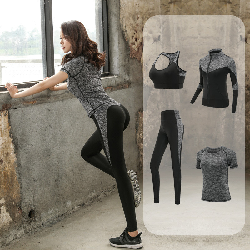 Бързосъхнещи дамски спортни облекла 4PCS комплект фитнес фитнес йога комплекти дрехи костюм палто+сутиен+тениска+клин 2021 тренировка бягане обучение