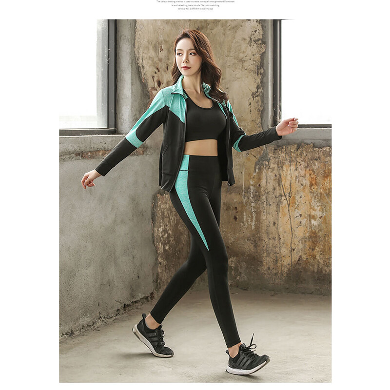 Бързосъхнещи дамски спортни облекла 4PCS комплект фитнес фитнес йога комплекти дрехи костюм палто+сутиен+тениска+клин 2021 тренировка бягане обучение