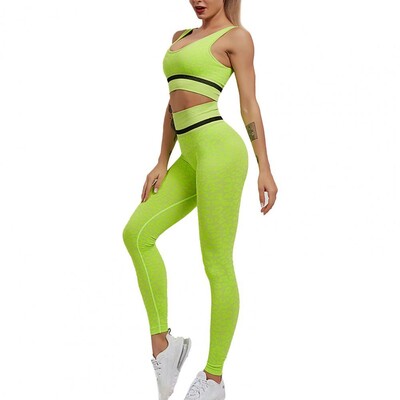 1 komplekts jogas apģērbu komplekts sporta kostīms legingi ar augstu elastību zema piegriezuma dizains apaļa kakla sievietēm, 2 gabali, rievoti bez šuvēm