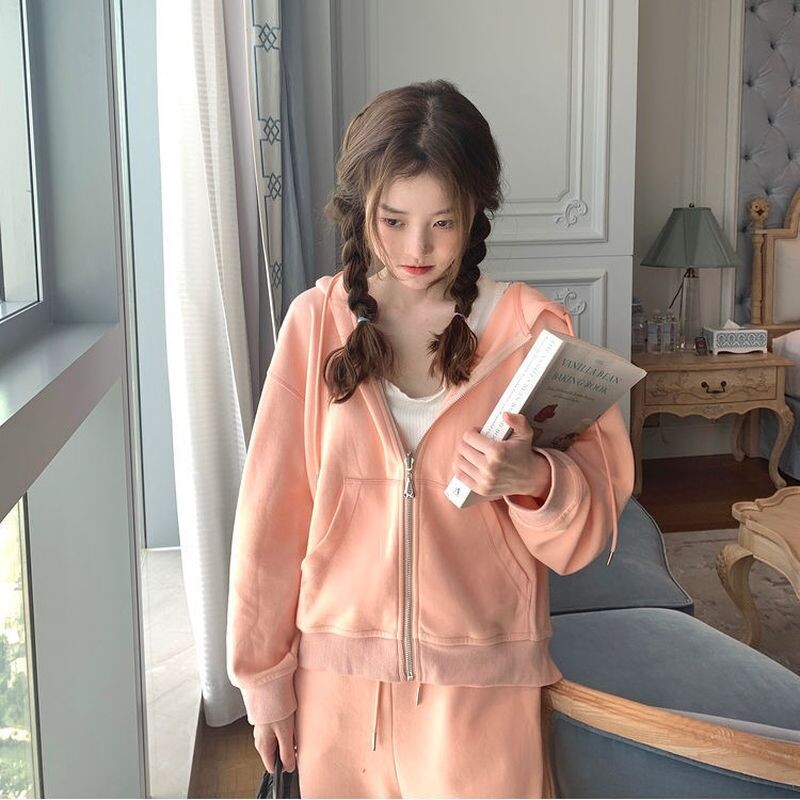 Trening pentru femei, toamnă, nou pulover cu glugă, top cu fermoar, cardigan, jachetă, pantaloni pentru picioare, pentru student, costum sport confortabil din două piese