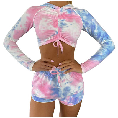 Costume sport cu glugă Tie Dye Seturi asortate femei Sexy Club Fashion 2 piese Ținute Crop Top și pantaloni scurți Set femei Casual Seturi # g30