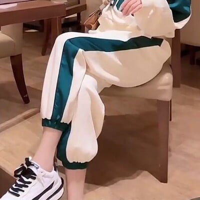 Badypczd Costume sportive pentru femeie, ocazional, cu scrisori, cu guler, paltoane, pantaloni largi, pantaloni de jogging, coreeană, două piese, ținute pentru femei.