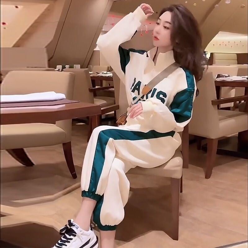 Badypczd Costume sportive pentru femeie, ocazional, cu scrisori, cu guler, paltoane, pantaloni largi, pantaloni de jogging, coreeană, două piese, ținute pentru femei.