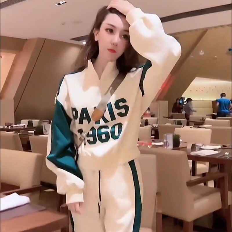 Badypczd Costume sportive pentru femeie, ocazional, cu scrisori, cu guler, paltoane, pantaloni largi, pantaloni de jogging, coreeană, două piese, ținute pentru femei.