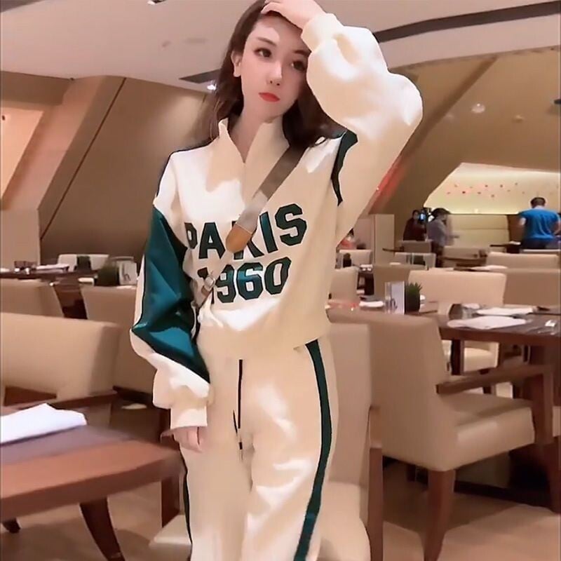 Badypczd Costume sportive pentru femeie, ocazional, cu scrisori, cu guler, paltoane, pantaloni largi, pantaloni de jogging, coreeană, două piese, ținute pentru femei.