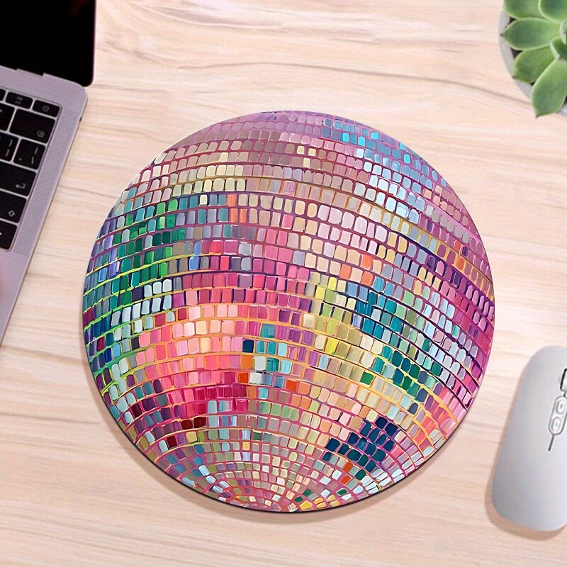 Gumová okrúhla podložka pod myš s ružovou disco guľou - estetický doplnok do kancelárie, k notebooku, počítaču - ideálny darček pre ženy a dievčatá