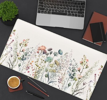 Floral επιτραπέζιο πατάκι Μπεζ Boho Desk Pad Large Extend Mouse Pad XL Χαριτωμένα μινιμαλιστικά λουλούδια Ματ πληκτρολογίου Δώρο για γυναίκες 31,5 x 11,8 ίντσες