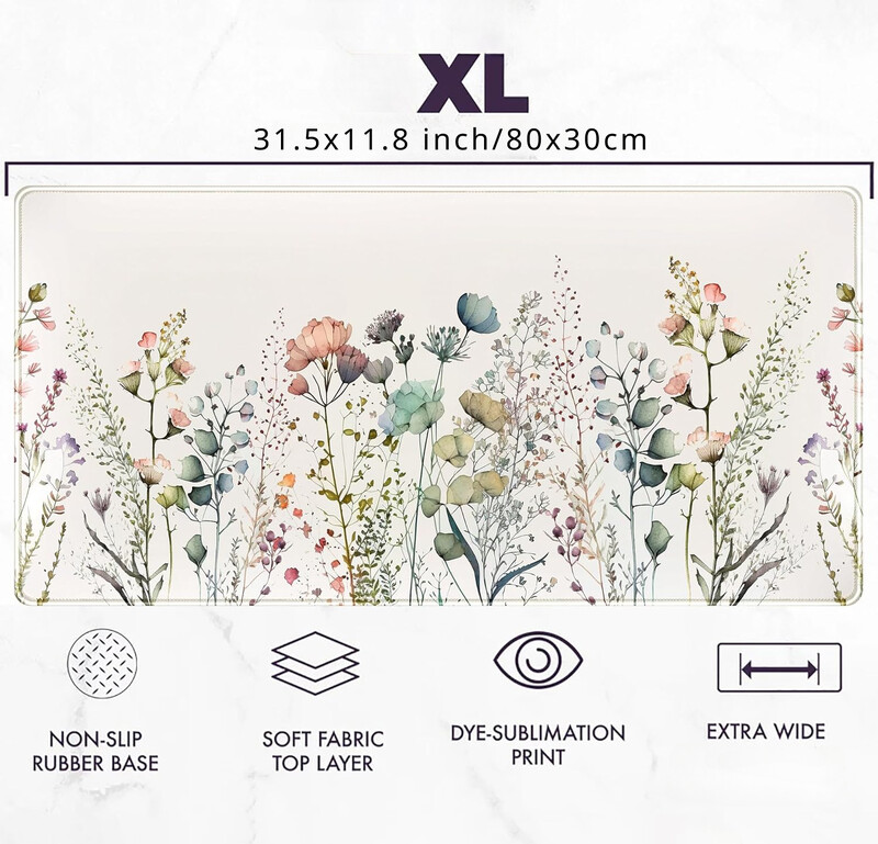 Covoraș de birou cu flori Bej Boho Tavă de birou Tampă de mouse extinsă mare XL Covoraș de tastatură cu flori minimaliste drăguțe Cadou pentru femei 31,5 x 11,8 inch