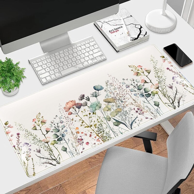 Covoraș de birou cu flori Bej Boho Tavă de birou Tampă de mouse extinsă mare XL Covoraș de tastatură cu flori minimaliste drăguțe Cadou pentru femei 31,5 x 11,8 inch