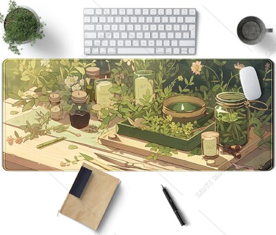 Covoraș de birou Green Gardener Anime Forest XL Mouse Pad pentru jocuri cu margini cusute Decor de birou pentru femei pentru birou, 31,5 x 11,8 inci