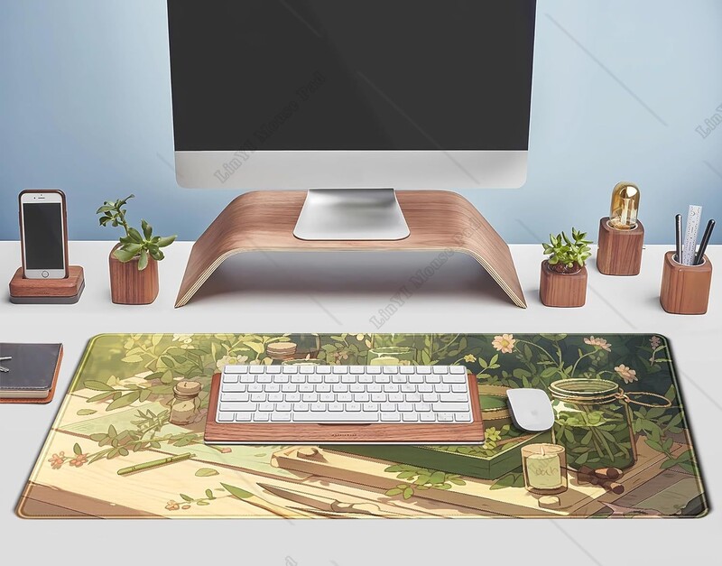 Covoraș de birou Green Gardener Anime Forest XL Mouse Pad pentru jocuri cu margini cusute Decor de birou pentru femei pentru birou, 31,5 x 11,8 inci