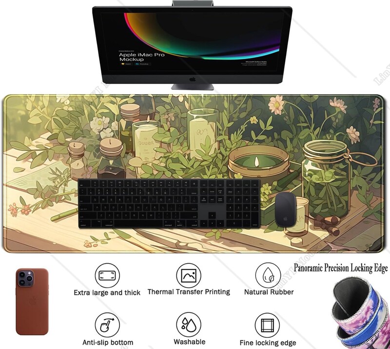 Covoraș de birou Green Gardener Anime Forest XL Mouse Pad pentru jocuri cu margini cusute Decor de birou pentru femei pentru birou, 31,5 x 11,8 inci