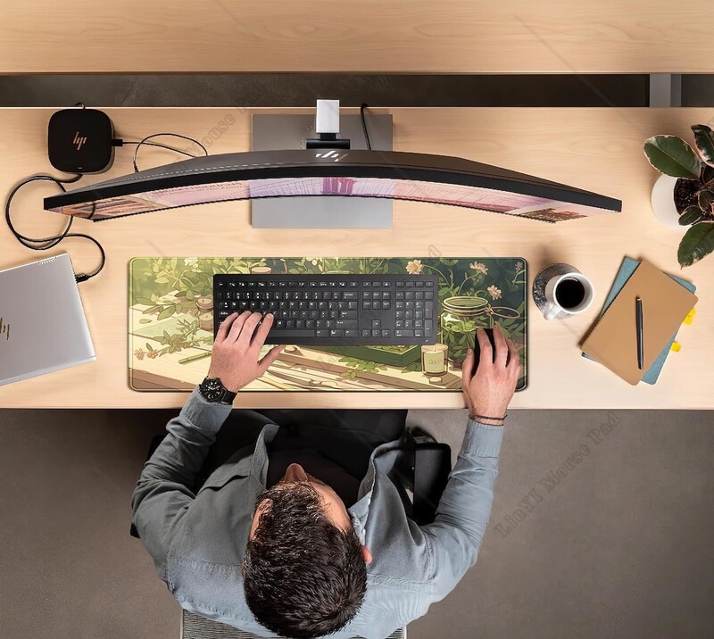 Covoraș de birou Green Gardener Anime Forest XL Mouse Pad pentru jocuri cu margini cusute Decor de birou pentru femei pentru birou, 31,5 x 11,8 inci