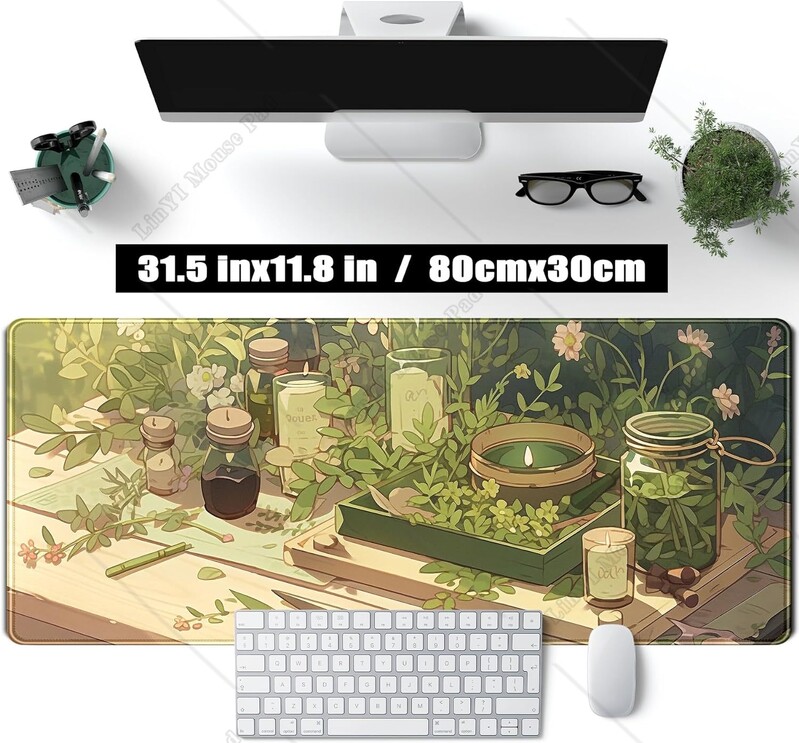 Covoraș de birou Green Gardener Anime Forest XL Mouse Pad pentru jocuri cu margini cusute Decor de birou pentru femei pentru birou, 31,5 x 11,8 inci