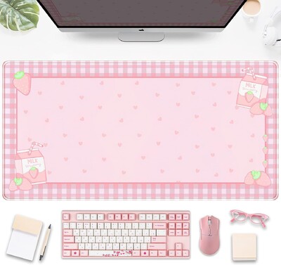 Drăguț roz carouri Strawberry Milk Gaming Birou Pad Kawaii Tastatură mare XXL Laptop Mousepad Decor de birou pentru femei 31,5x11,8 inch