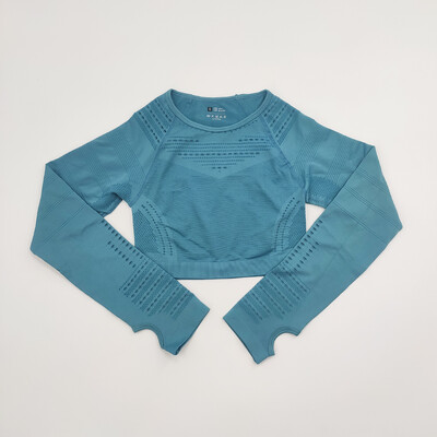 Bezšuvju sieviešu sporta kostīms sporta zālei treniņu apģērbi Tīkla augšdaļa ar garām piedurknēm Fitness Crop Top un Scrunch Butt Vingrošanas Legingi Jogas Komplekti