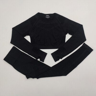 Bezšuvju sieviešu sporta kostīms sporta zālei treniņu apģērbi Tīkla augšdaļa ar garām piedurknēm Fitness Crop Top un Scrunch Butt Vingrošanas Legingi Jogas Komplekti