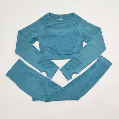 Bezšuvju sieviešu sporta kostīms sporta zālei treniņu apģērbi Tīkla augšdaļa ar garām piedurknēm Fitness Crop Top un Scrunch Butt Vingrošanas Legingi Jogas Komplekti