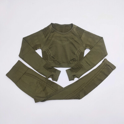 Bezšuvju sieviešu sporta kostīms sporta zālei treniņu apģērbi Tīkla augšdaļa ar garām piedurknēm Fitness Crop Top un Scrunch Butt Vingrošanas Legingi Jogas Komplekti