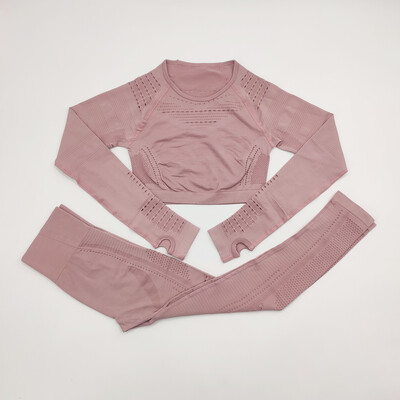 Bezšuvju sieviešu sporta kostīms sporta zālei treniņu apģērbi Tīkla augšdaļa ar garām piedurknēm Fitness Crop Top un Scrunch Butt Vingrošanas Legingi Jogas Komplekti