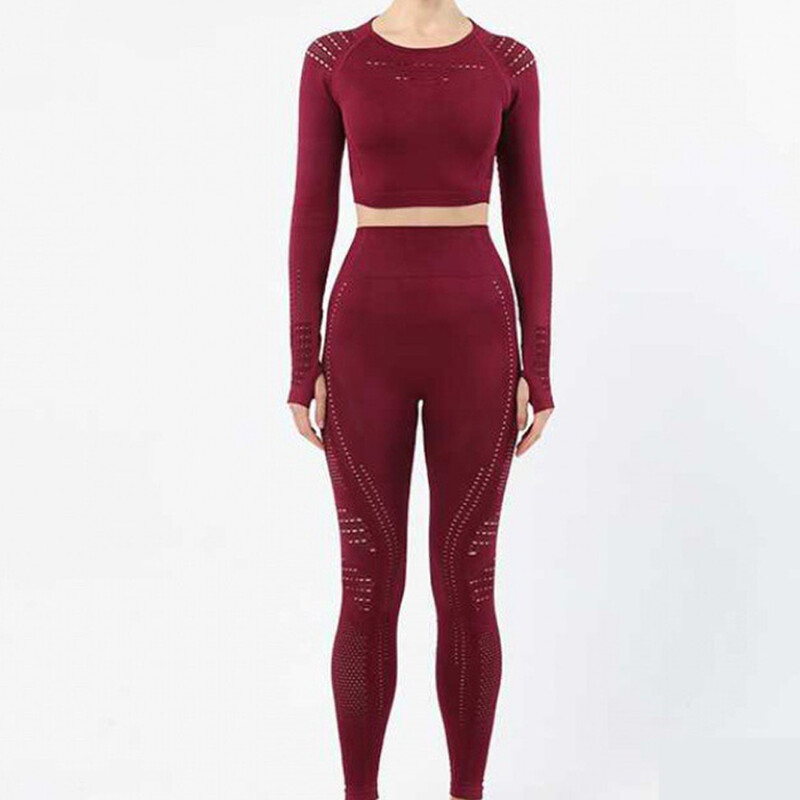 Bezšuvju sieviešu sporta kostīms sporta zālei treniņu apģērbi Tīkla augšdaļa ar garām piedurknēm Fitness Crop Top un Scrunch Butt Vingrošanas Legingi Jogas Komplekti
