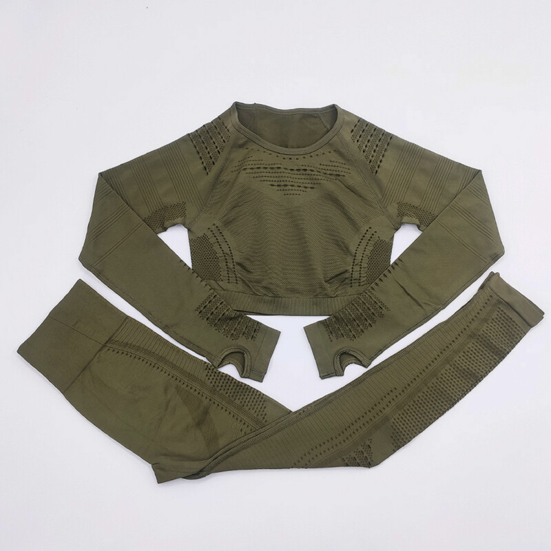 Bezšuvju sieviešu sporta kostīms sporta zālei treniņu apģērbi Tīkla augšdaļa ar garām piedurknēm Fitness Crop Top un Scrunch Butt Vingrošanas Legingi Jogas Komplekti