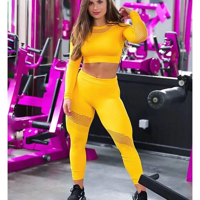 CXUEY Trening portocaliu Costum sport pentru fitness Haine de antrenament din plasă fără cusături pentru femei Îmbrăcăminte sport Seturi de gimnastică Tinute pentru femei Galben