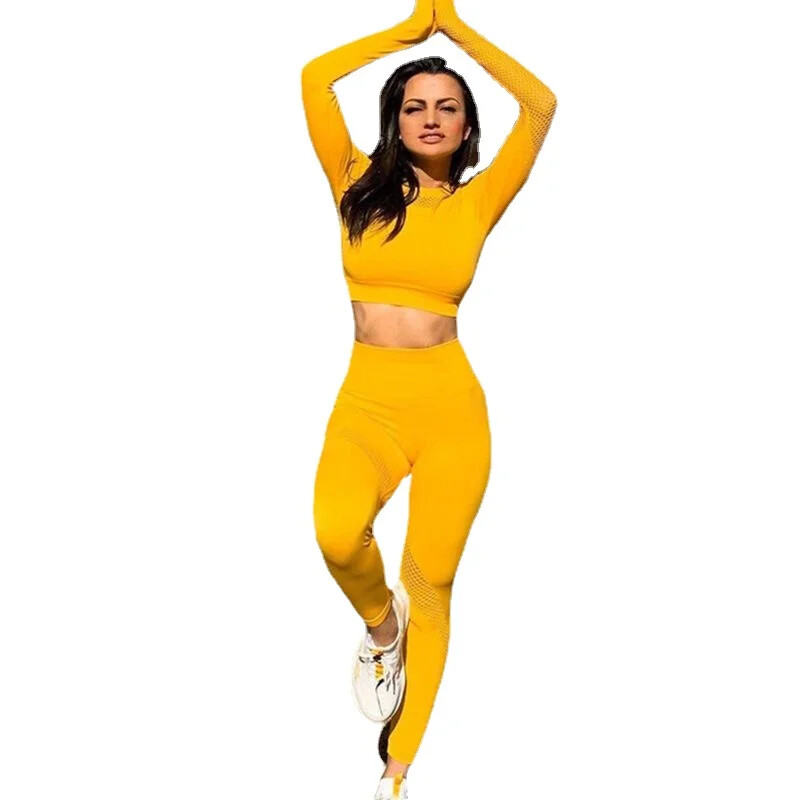 CXUEY Trening portocaliu Costum sport pentru fitness Haine de antrenament din plasă fără cusături pentru femei Îmbrăcăminte sport Seturi de gimnastică Tinute pentru femei Galben