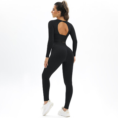 2tk õmblusteta joogakomplekt naiste treeninguks Jõusaalikomplekt Scrunch Butt retuusid pikkade varrukatega Crop Top komplekt jõusaaliriided fitness-spordiülikond